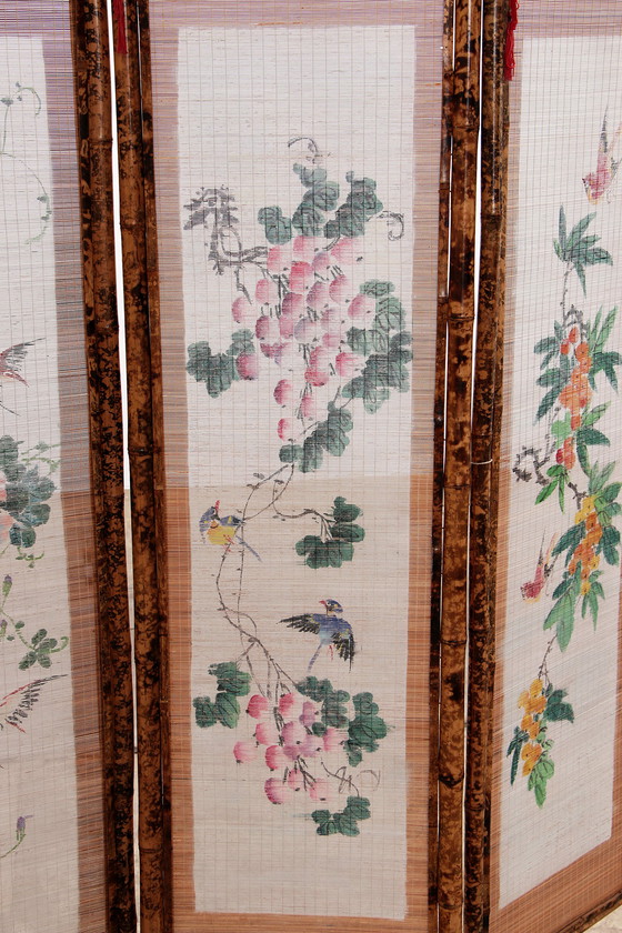 Image 1 of Vintage oriental Bamboo folding screen with fabric, 1960