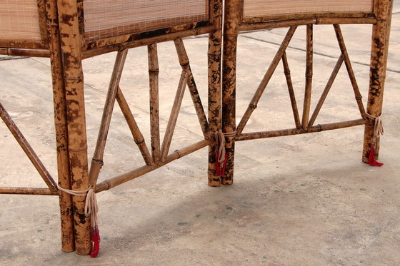 Image 1 of Vintage oriental Bamboo folding screen with fabric, 1960