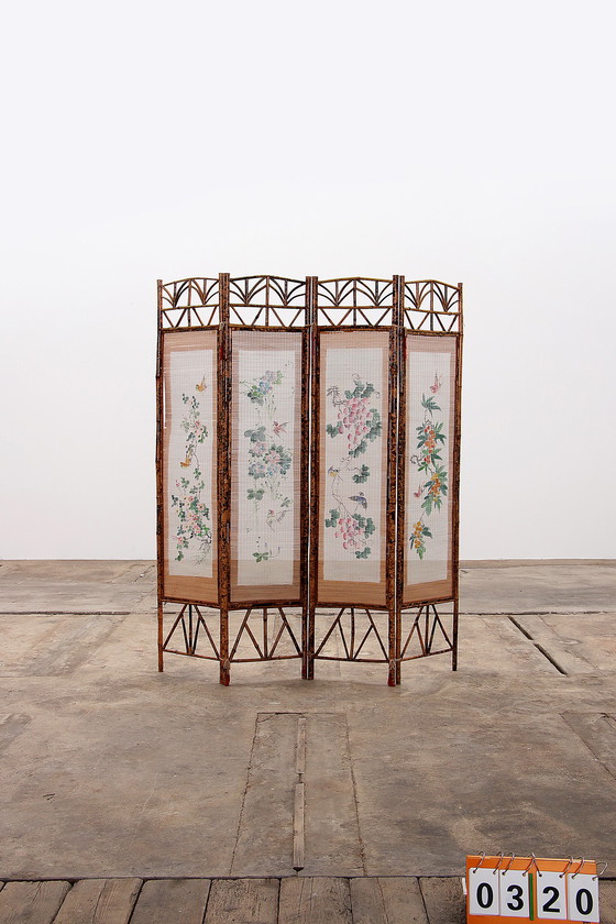 Image 1 of Vintage oriental Bamboo folding screen with fabric, 1960