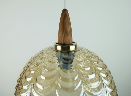 Image 1 of 1960's PENDANT LIGHT amber glass brass wood