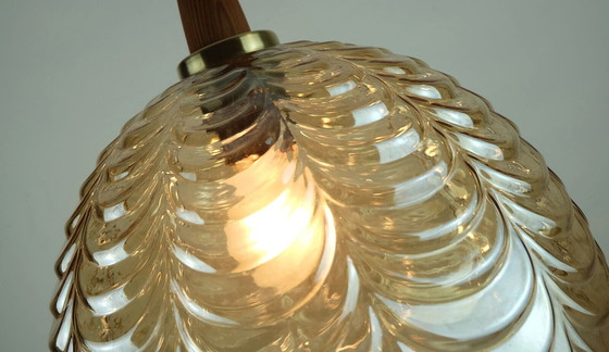 Image 1 of 1960's PENDANT LIGHT amber glass brass wood