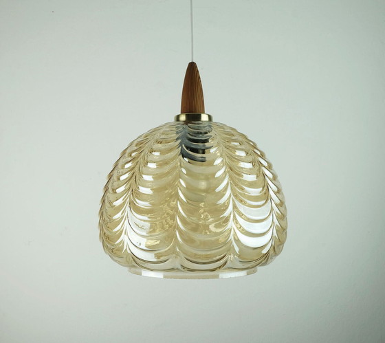 Image 1 of 1960's PENDANT LIGHT amber glass brass wood