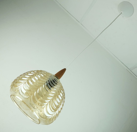 Image 1 of 1960's PENDANT LIGHT amber glass brass wood