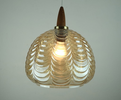 1960's PENDANT LIGHT amber glass brass wood