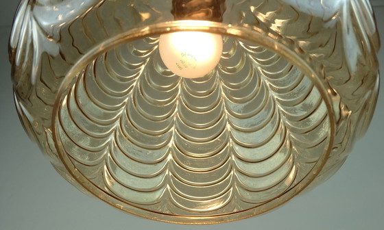 Image 1 of 1960's PENDANT LIGHT amber glass brass wood