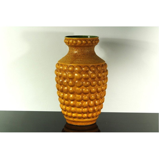 Image 1 of Vintage ocher enameled earthenware vase with relief decoration of gadroons, Germany 1950