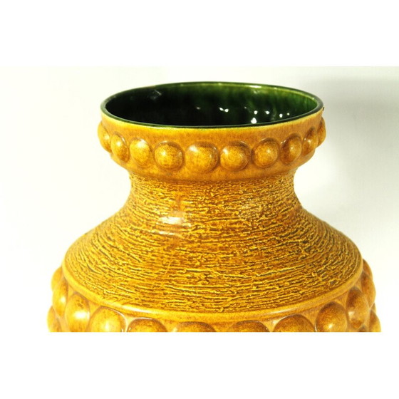Image 1 of Vintage ocher enameled earthenware vase with relief decoration of gadroons, Germany 1950