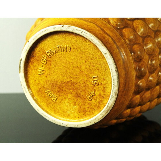 Image 1 of Vintage ocher enameled earthenware vase with relief decoration of gadroons, Germany 1950