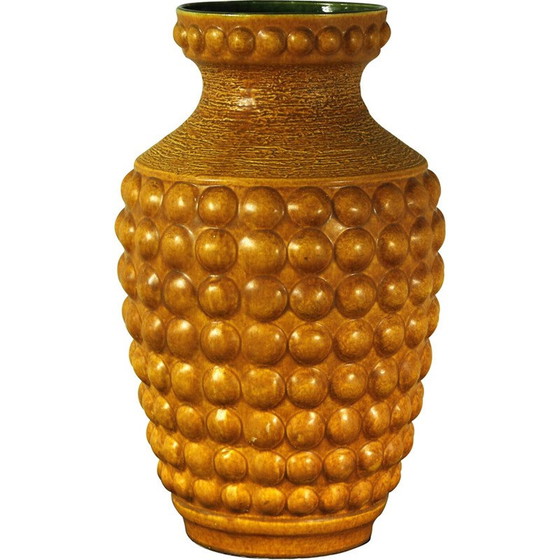 Image 1 of Vintage ocher enameled earthenware vase with relief decoration of gadroons, Germany 1950