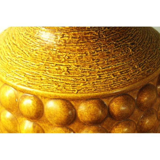 Image 1 of Vintage ocher enameled earthenware vase with relief decoration of gadroons, Germany 1950