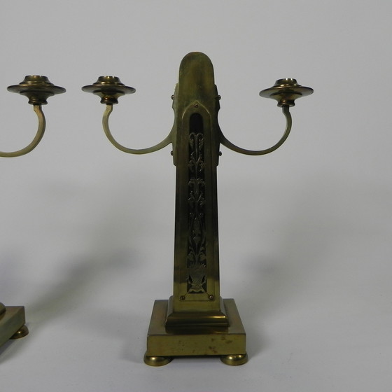 Image 1 of Set Of 2 Brass Art Nouveau Candlesticks, Around 1910