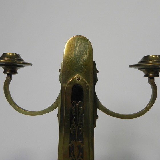 Image 1 of Set Of 2 Brass Art Nouveau Candlesticks, Around 1910