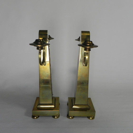 Image 1 of Set Of 2 Brass Art Nouveau Candlesticks, Around 1910