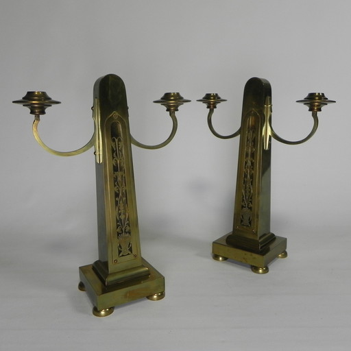 Set Of 2 Brass Art Nouveau Candlesticks, Around 1910