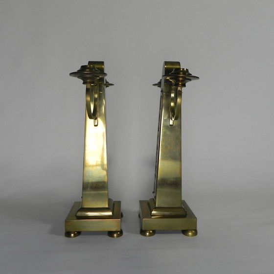 Image 1 of Set Of 2 Brass Art Nouveau Candlesticks, Around 1910