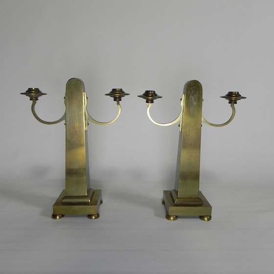 Image 1 of Set Of 2 Brass Art Nouveau Candlesticks, Around 1910