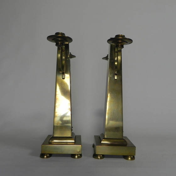 Image 1 of Set Of 2 Brass Art Nouveau Candlesticks, Around 1910