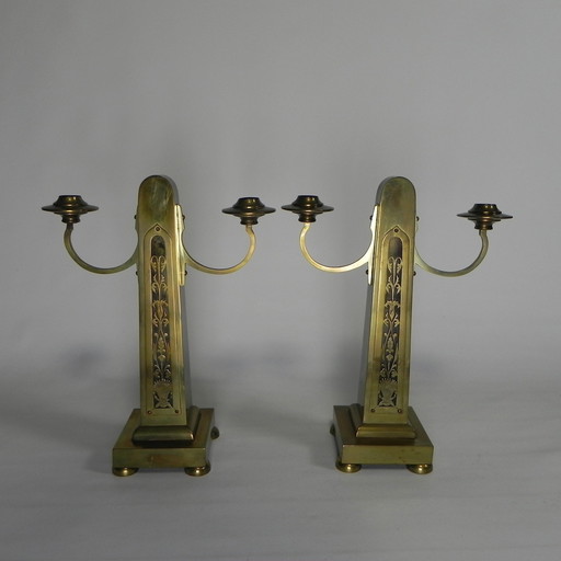 Set Of 2 Brass Art Nouveau Candlesticks, Around 1910