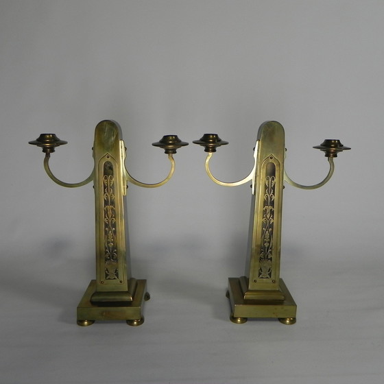 Image 1 of Set Of 2 Brass Art Nouveau Candlesticks, Around 1910