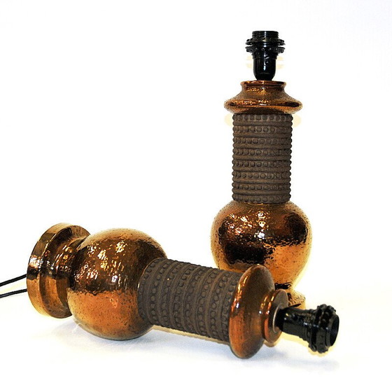 Image 1 of Pair of vintage ceramic and copper table lamps for Bergboms, Italy 1960