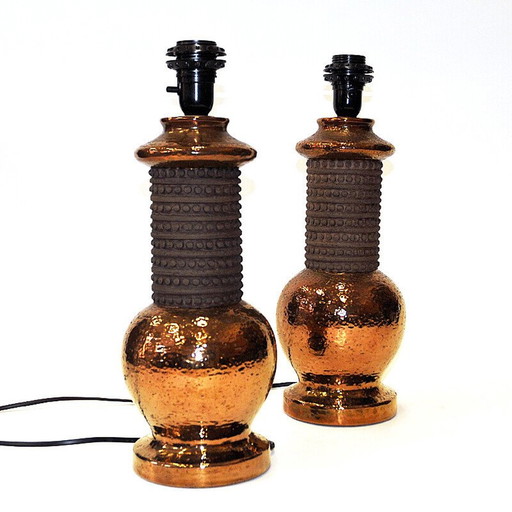 Pair of vintage ceramic and copper table lamps for Bergboms, Italy 1960