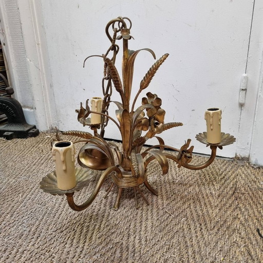  Gilded Iron Wheat Ear Chandelier From 1970, Italy