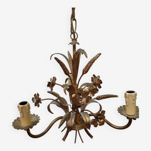  Gilded Iron Wheat Ear Chandelier From 1970, Italy