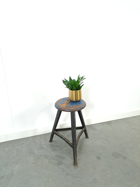 Image 1 of Industrial Steel Wooden Stool Blue