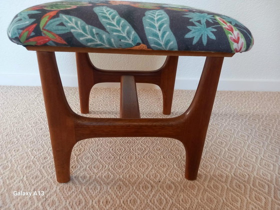 Image 1 of Scandinavian design teak pouf with linen fauna print