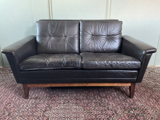 Mid Century Brown Leather 2-Seater Sofa