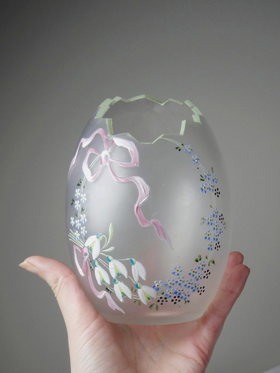 Image 1 of Small Egg Vase Late 19th Century Hand Enameled Frosted Glass Legras Shape