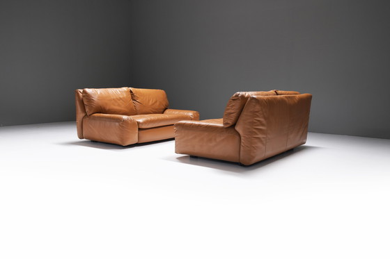 Image 1 of Set of vintage Bengodi sofas in cognac leather by Cini Boeri for Arflex Italy