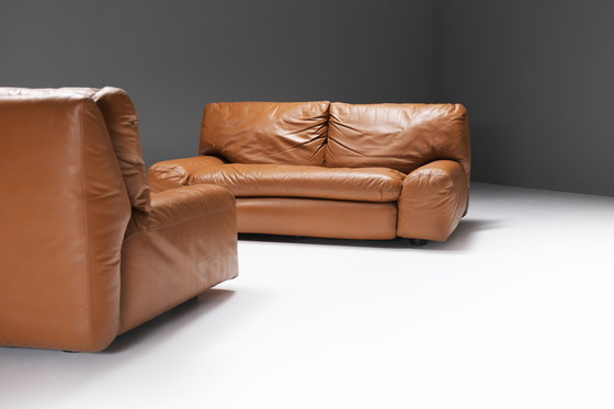 Image 1 of Set of vintage Bengodi sofas in cognac leather by Cini Boeri for Arflex Italy