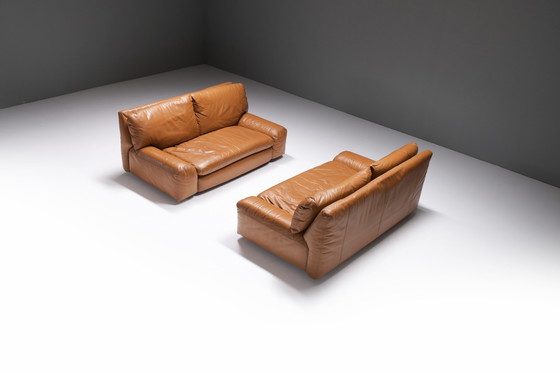 Image 1 of Set of vintage Bengodi sofas in cognac leather by Cini Boeri for Arflex Italy