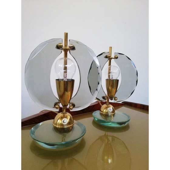 Image 1 of Pair of vintage brass and smoked glass lamps by Gino Paroldo, Italy 1950