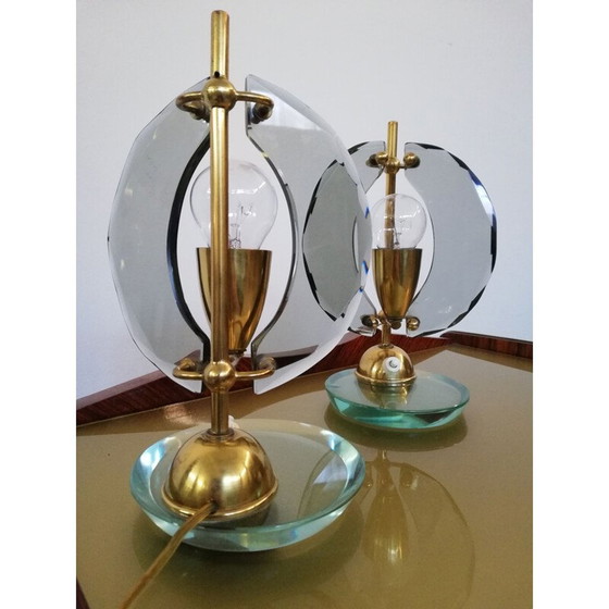 Image 1 of Pair of vintage brass and smoked glass lamps by Gino Paroldo, Italy 1950