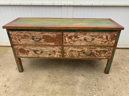 Authentic Indonesian Low Chest of 4 Large Drawers Solid Wood Storage 1900