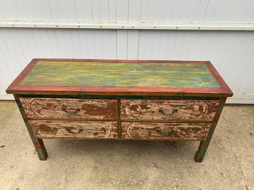 Authentic Indonesian Low Chest of 4 Large Drawers Solid Wood Storage 1900