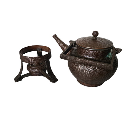 Image 1 of Copper designer tea kettle on chafing dish, early 20th century