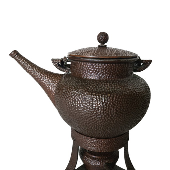 Image 1 of Copper designer tea kettle on chafing dish, early 20th century