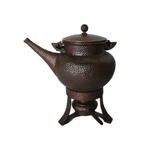 Image 1 of Copper designer tea kettle on chafing dish, early 20th century