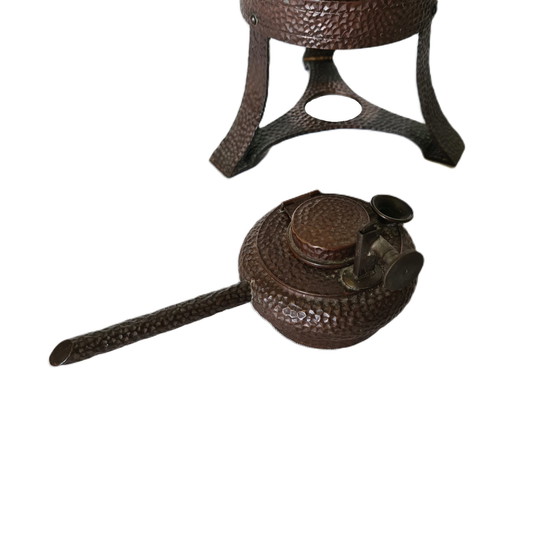 Image 1 of Copper designer tea kettle on chafing dish, early 20th century