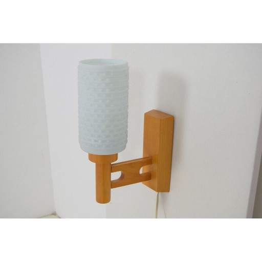 Vintage glass and wood wall lamp by Drevo Humpolec, Czechoslovakia 1960