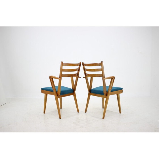 Image 1 of Set of 4 vintage oakwood dining chairs with upholstered, Czechoslovakia 1960s