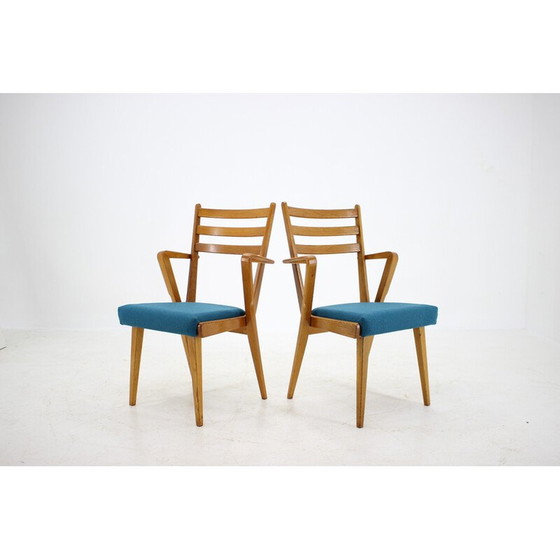 Image 1 of Set of 4 vintage oakwood dining chairs with upholstered, Czechoslovakia 1960s