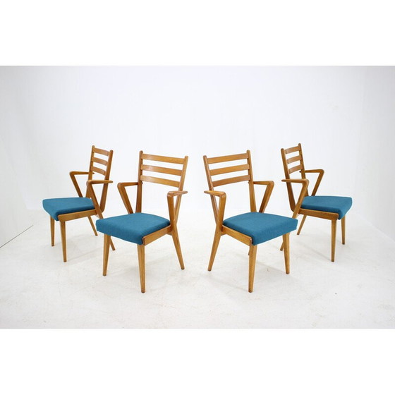 Image 1 of Set of 4 vintage oakwood dining chairs with upholstered, Czechoslovakia 1960s