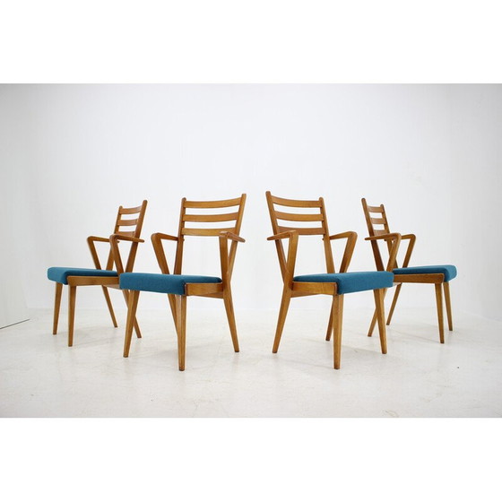 Image 1 of Set of 4 vintage oakwood dining chairs with upholstered, Czechoslovakia 1960s