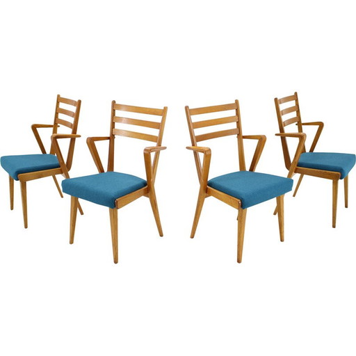 Set of 4 vintage oakwood dining chairs with upholstered, Czechoslovakia 1960s