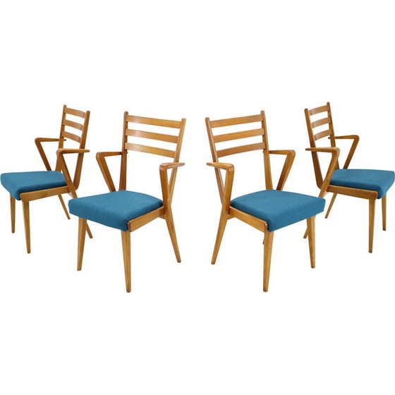 Image 1 of Set of 4 vintage oakwood dining chairs with upholstered, Czechoslovakia 1960s