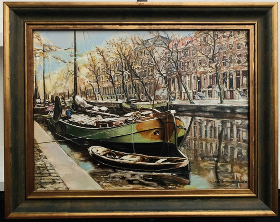 Image 1 of J.W. Barendswaard, "Boat On The Herengracht Amsterdam." Signed.